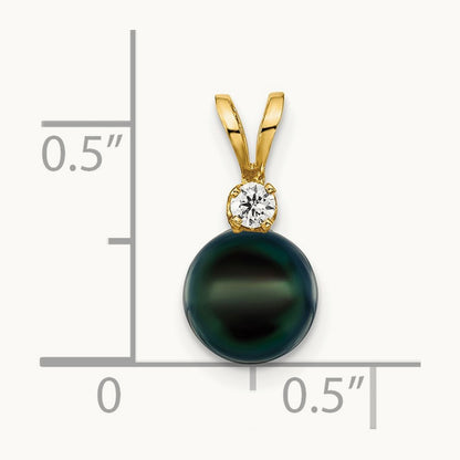 7- Black Round Saltwater Akoya Cultured Pearl Diamond Pendant, 8mm, 14K