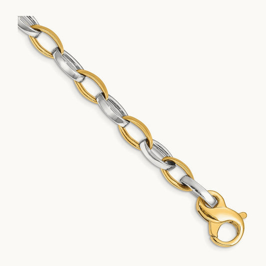 Hand Polished and Satin Fancy Link Bracelet, 6.6mm, 14K Two-tone