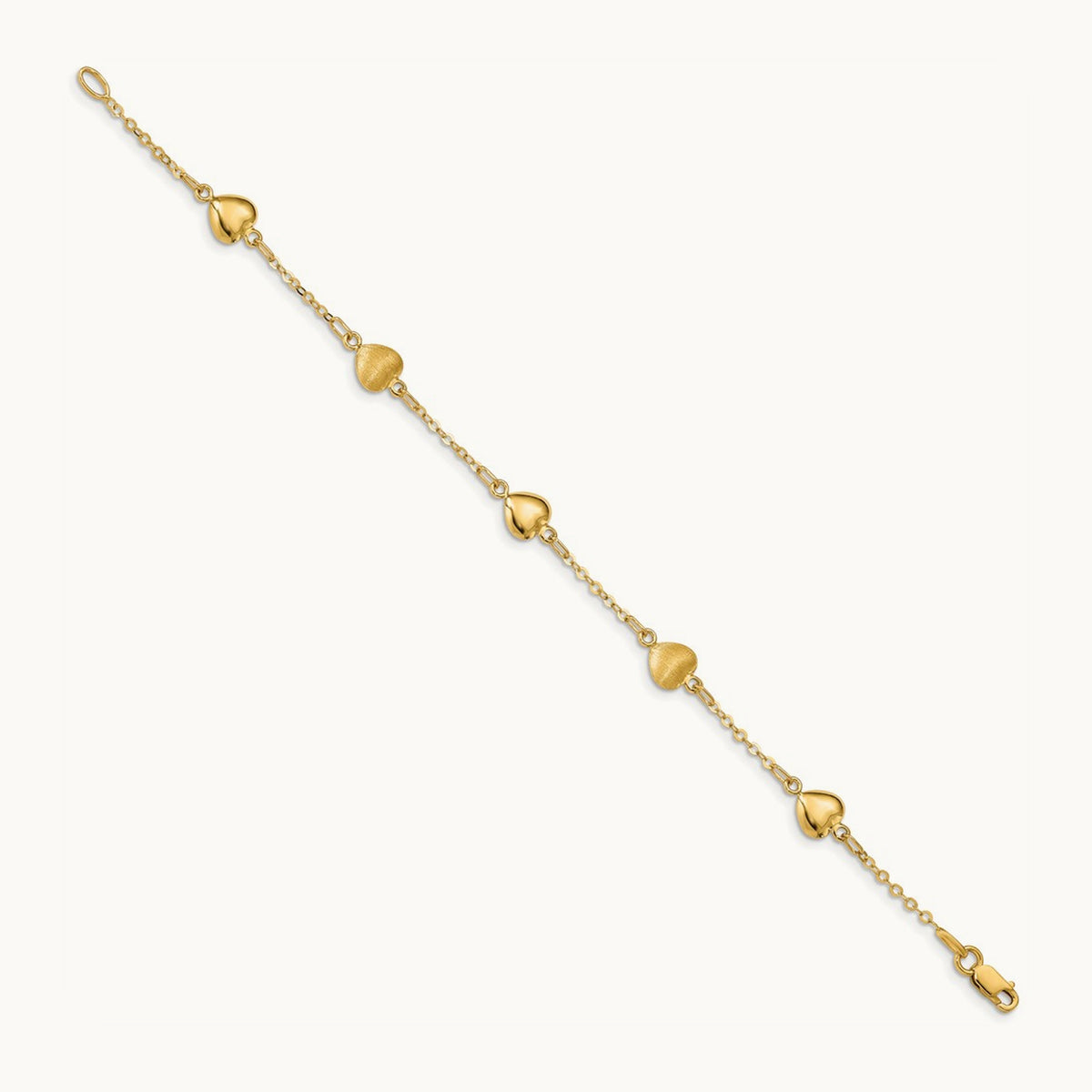 Brushed & Polished Hearts 7 inch Bracelet, 14K