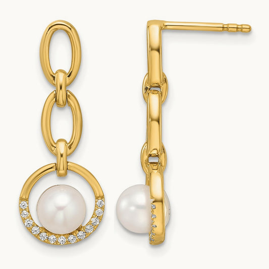 Polished Diamond and Pearl Open Circle Dangle Post Earrings, 14K