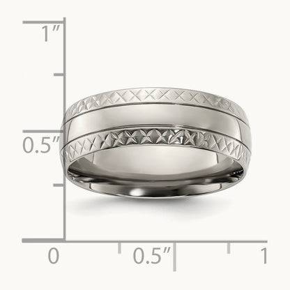 Polished Grooved Criss Cross Design Band, 7mm, Titanium