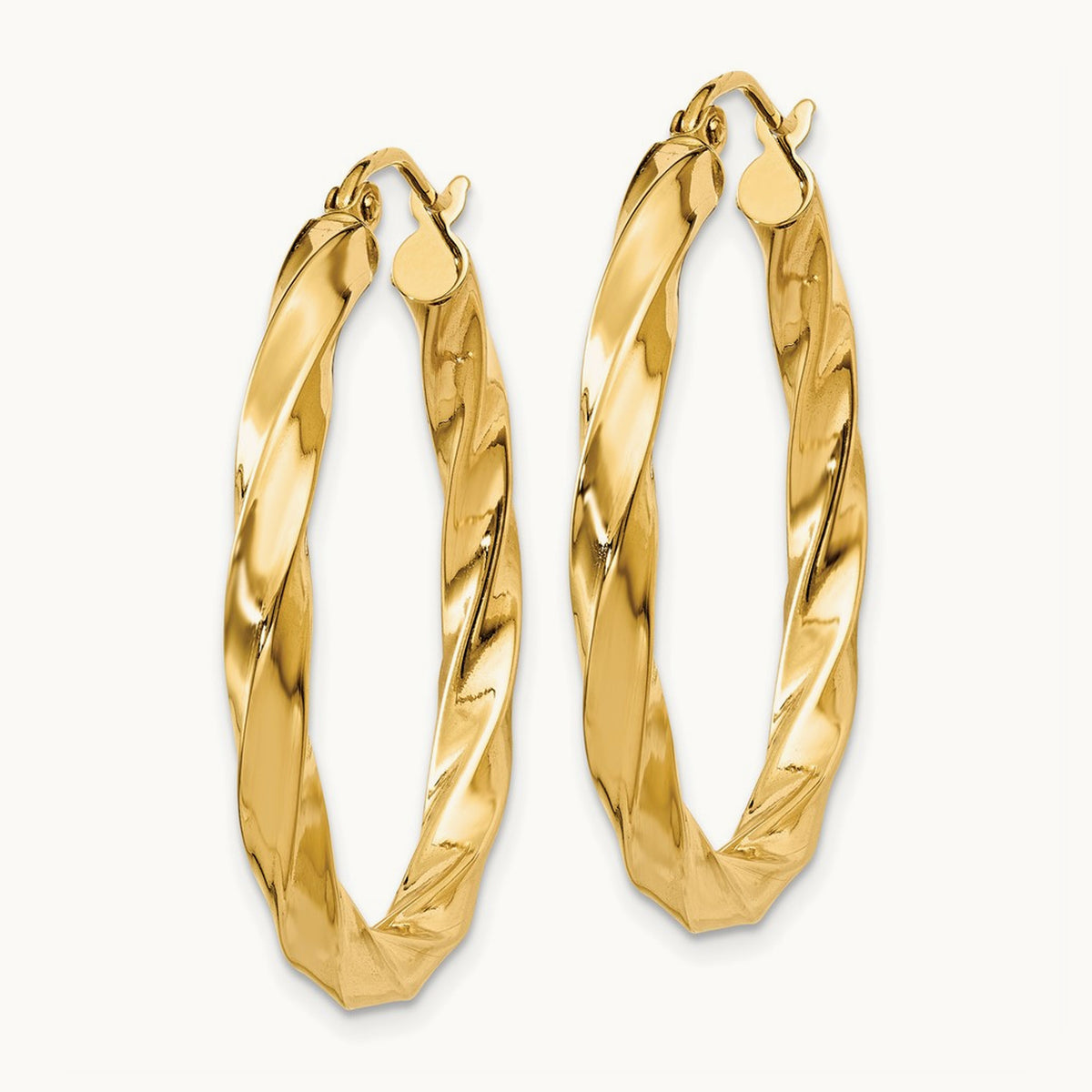Square Tube Twisted Hoop Earrings — 14K Yellow Gold, 30mm, 3mm