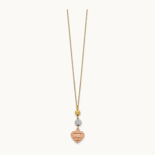Tri-color Ropa Diamond Cut Beads & Heart w/ 2in Ext Necklace, 14K