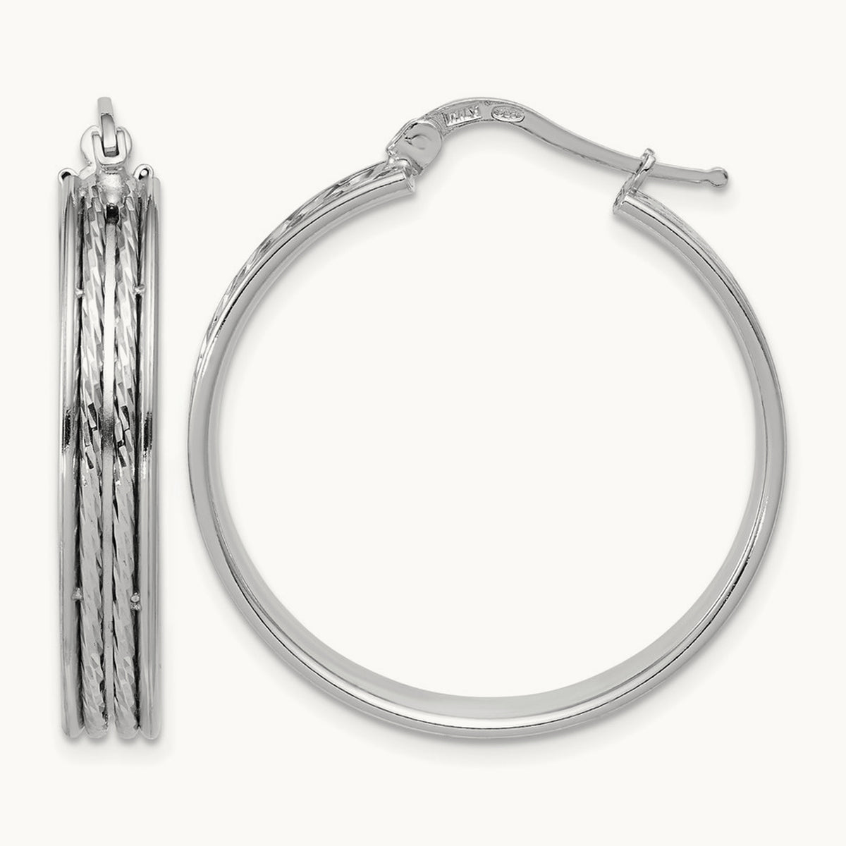 Rhodium-plated Polished and Diamond-cut Round Hoop Earrings — 31x5mm
