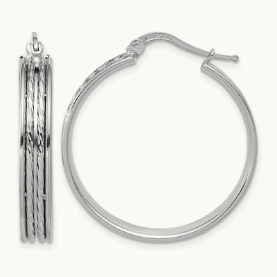 Rhodium-plated Polished and Diamond-cut Round Hoop Earrings — 31x5mm