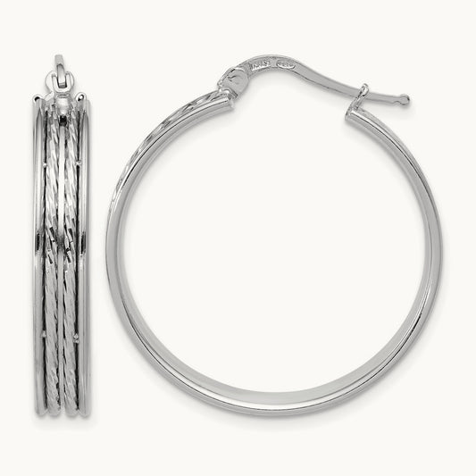 Rhodium-plated Polished and Diamond-cut Round Hoop Earrings — 31x5mm