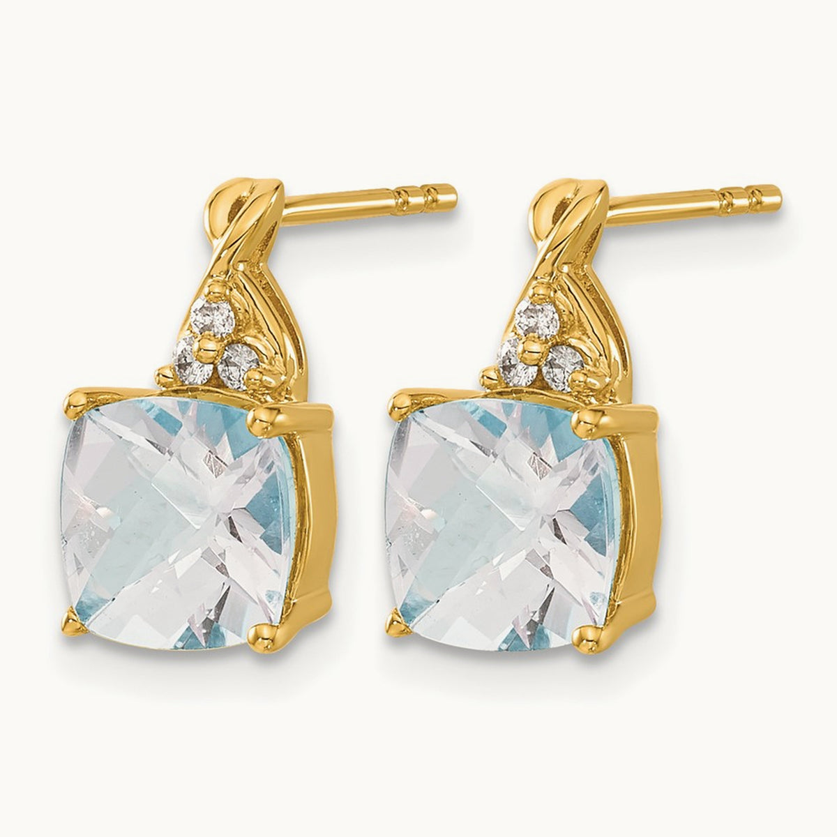 Checkerboard Aquamarine and Diamond Earrings — 14K Yellow Gold