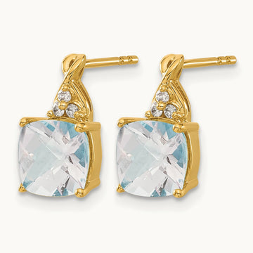 Checkerboard Aquamarine and Diamond Earrings — 14K Yellow Gold