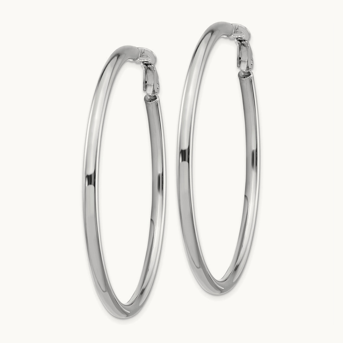 Polished Round Omega Back Hoop Earrings — 14K White Gold, 3x52mm