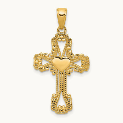 Beaded Cross with Heart Pendant, 14K