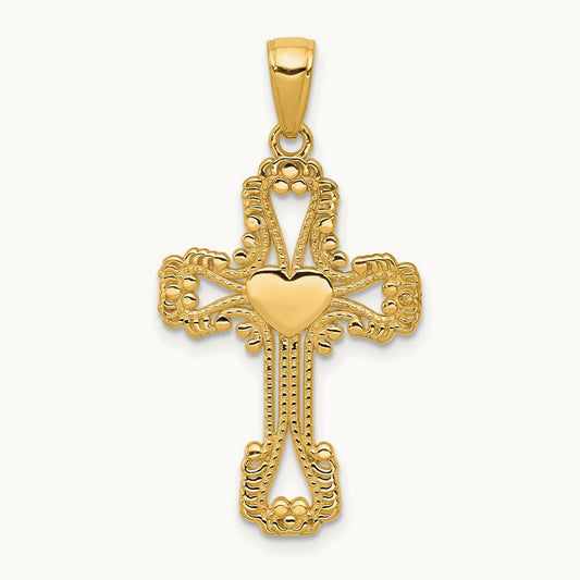 Beaded Cross with Heart Pendant, 14K