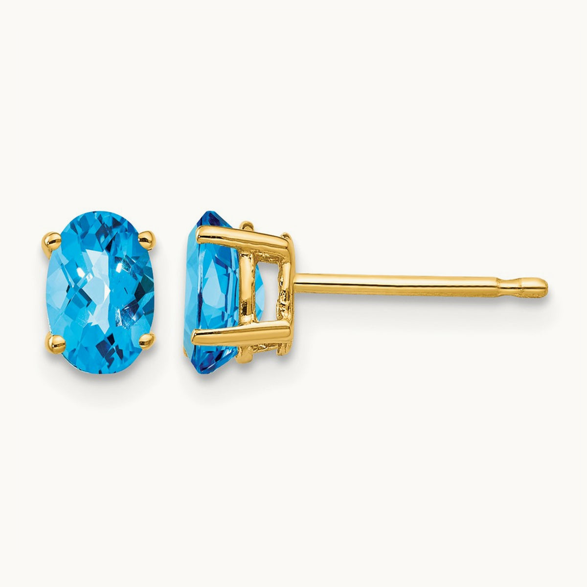 6x4mm Oval Blue Topaz Checker Earrings, 14K