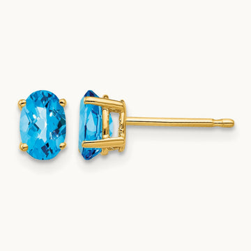 6x4mm Oval Blue Topaz Checker Earrings, 14K