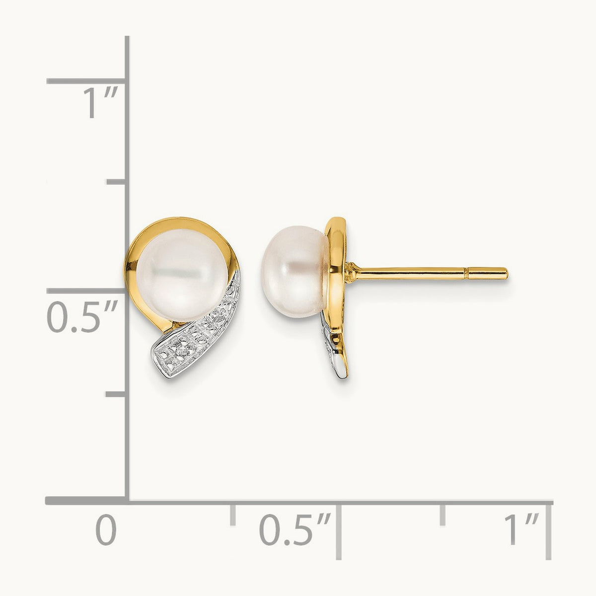 5- White Button FWC Pearl .01ct Diamond Post Earrings, 6mm, 14K