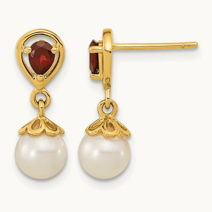 6- FWC Pearl Mozambique Garnet Dangle Post Earrings, 7mm, 14K