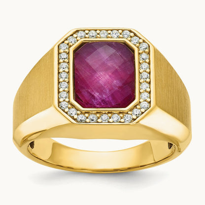 IBGoodman Men's Satin Ruby Doublet Stone and Diamond Complete Ring, 14K