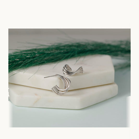 Rhodium-plated Polished 3-Row Twist J-Hoop Post Earrings — 10K Two-Tone Gold