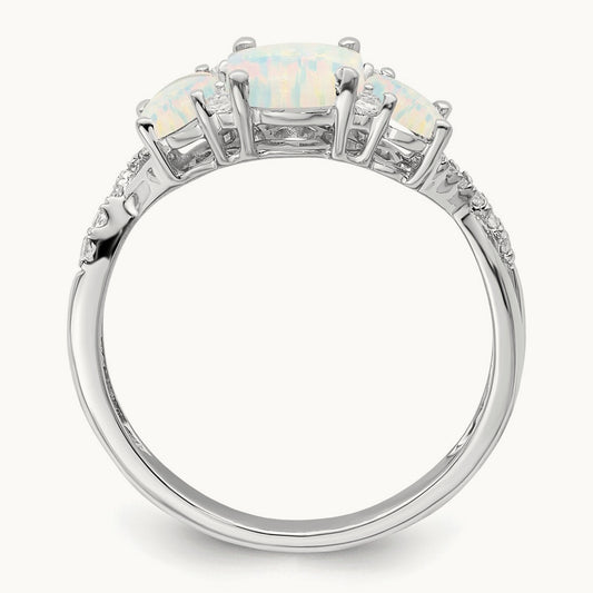Created Opal and Diamond 3-stone Ring, 14K White Gold