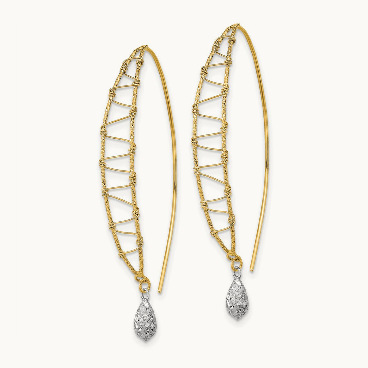 Polished Wire Wrapped Diamond Cut Wire Dangle Earrings, 14K Two-tone