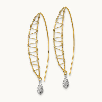 Polished Wire Wrapped Diamond Cut Wire Dangle Earrings, 14K Two-tone