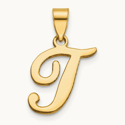 Script Letter T Initial Pendant, 14K Yellow Gold