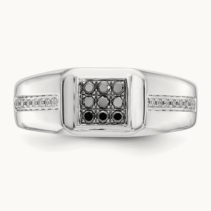 White and Black Diamond Square Mens Ring, 14K White Gold