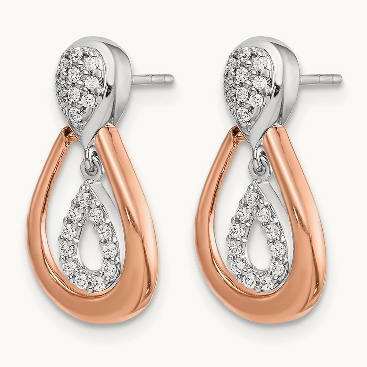 Diamond Post Dangle Earrings, 14K White with Rose Gold