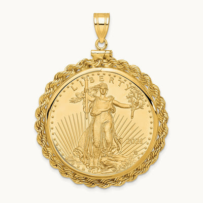 Polished Rope Mounted 1oz AM Eagle Screw Top Coin Bezel Pendant, 14K