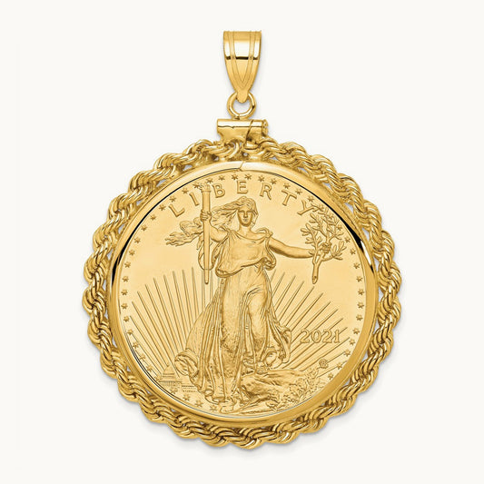 Polished Rope Mounted 1oz AM Eagle Screw Top Coin Bezel Pendant, 14K