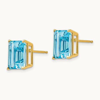 10x8mm Emerald Cut Blue Topaz Earrings, 14K
