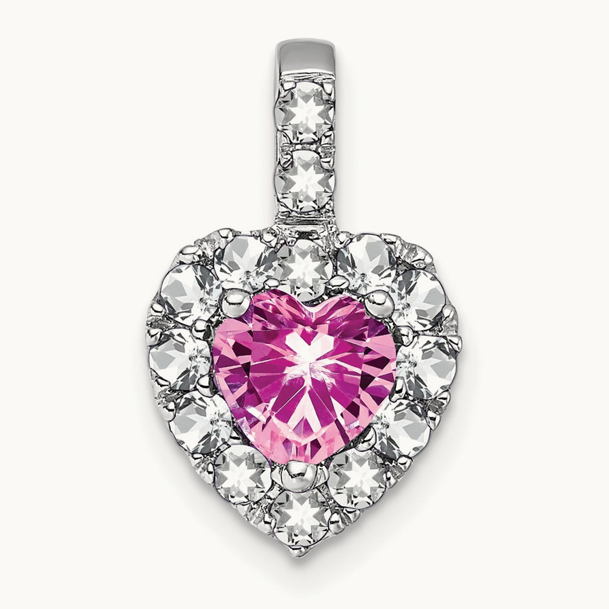 Creat. Pink Sapphire/White Topaz Halo Heart Pendant, 14K White Gold