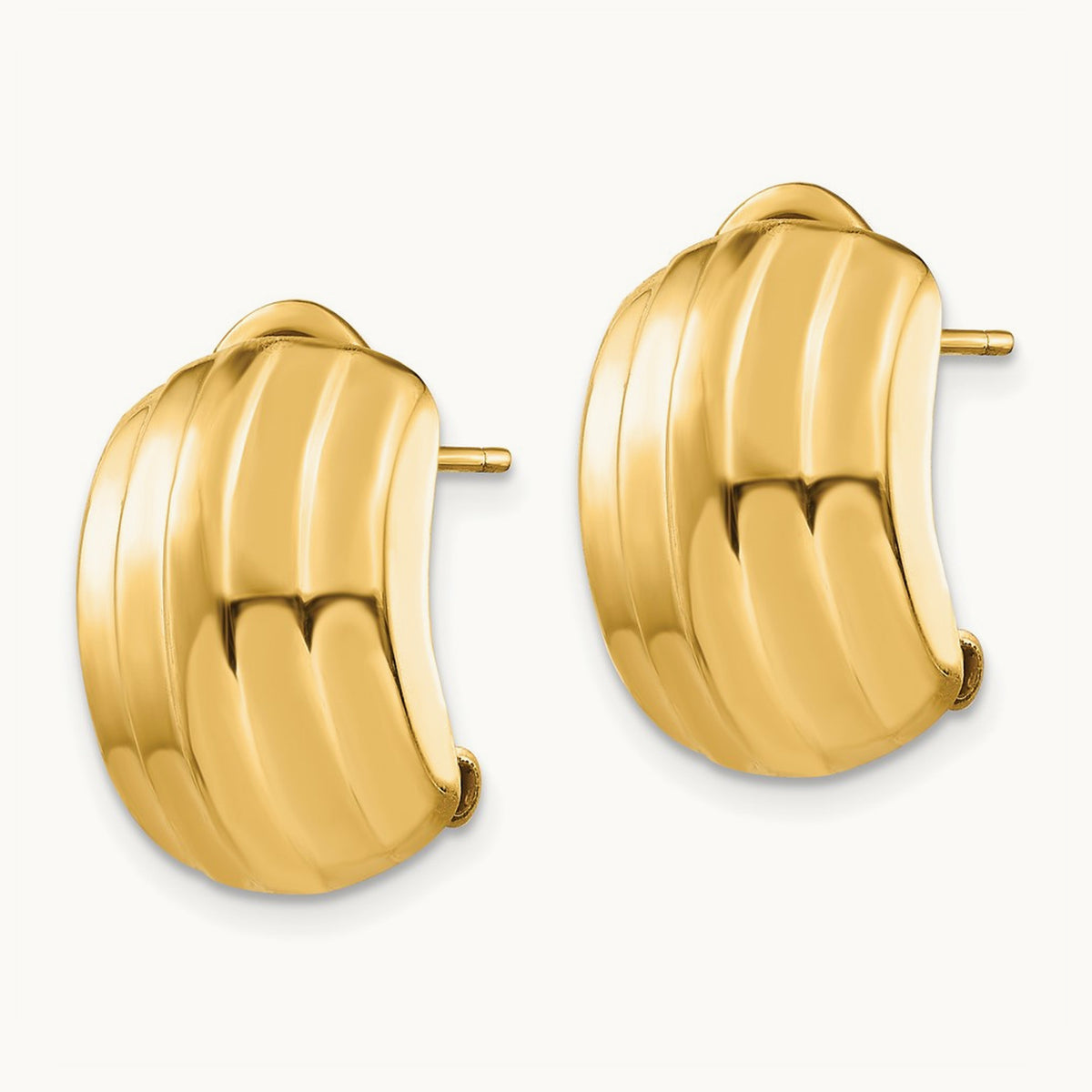 Polished Ribbed Omega Back Post Earrings, 14K
