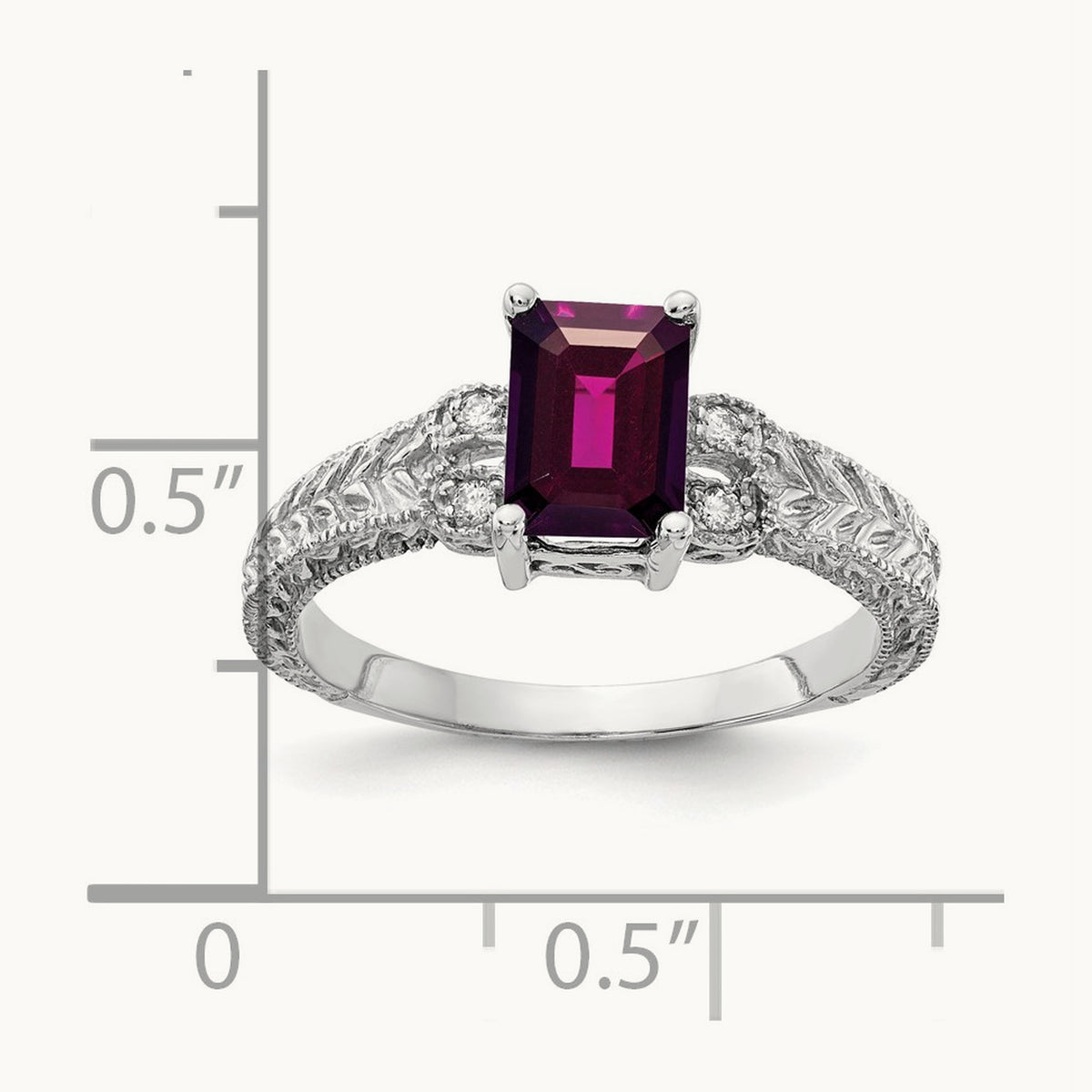Emerald Cut Rhodolite Garnet Diamond Ring — 14K White Gold, 7x5mm