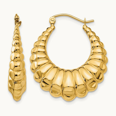 Polished Scalloped Hollow Hoop Earrings, 14K