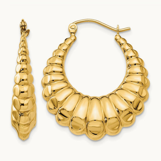 Polished Scalloped Hollow Hoop Earrings, 14K