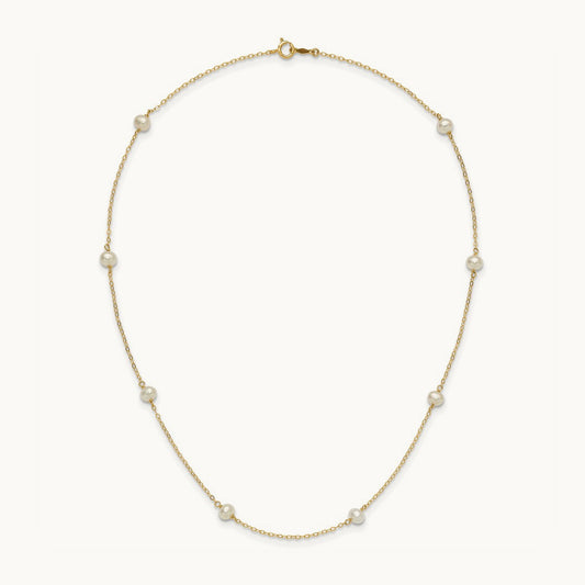 4- White Near Round Freshwater Cultured Pearl 8-station Necklace, 14K