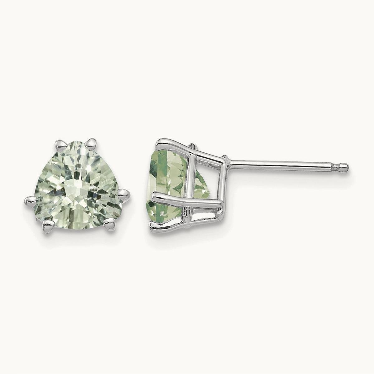 Trillion Checker-Cut Green Quartz Earrings — 14K White Gold, 7mm