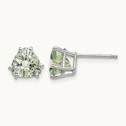 Trillion Checker-Cut Green Quartz Earrings — 14K White Gold, 7mm