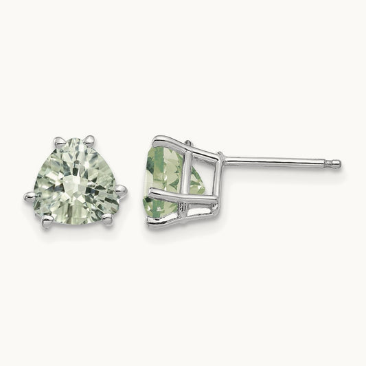 Trillion Checker-Cut Green Quartz Earrings — 14K White Gold, 7mm