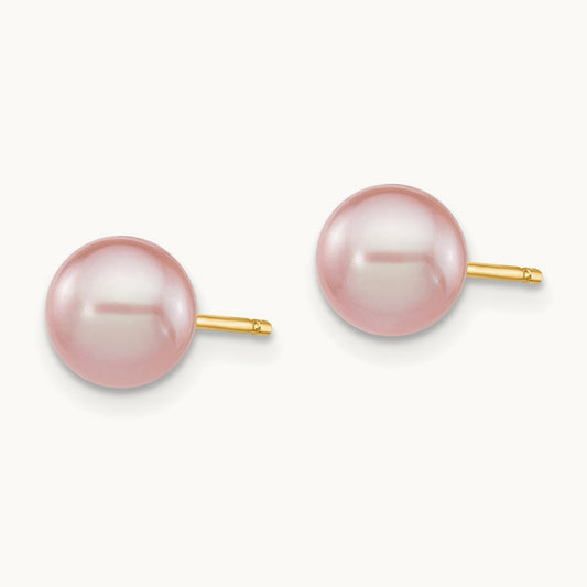 6- Purple Round Freshwater Cultured Pearl Stud Post Earrings, 7mm, 14K