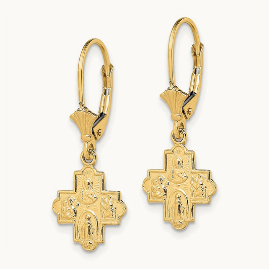 Small 4-Way Medal Cross Leverback Earrings, 14K
