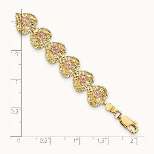 D/C Heart w/Flowers 7.25in Bracelet, 14K Two-tone