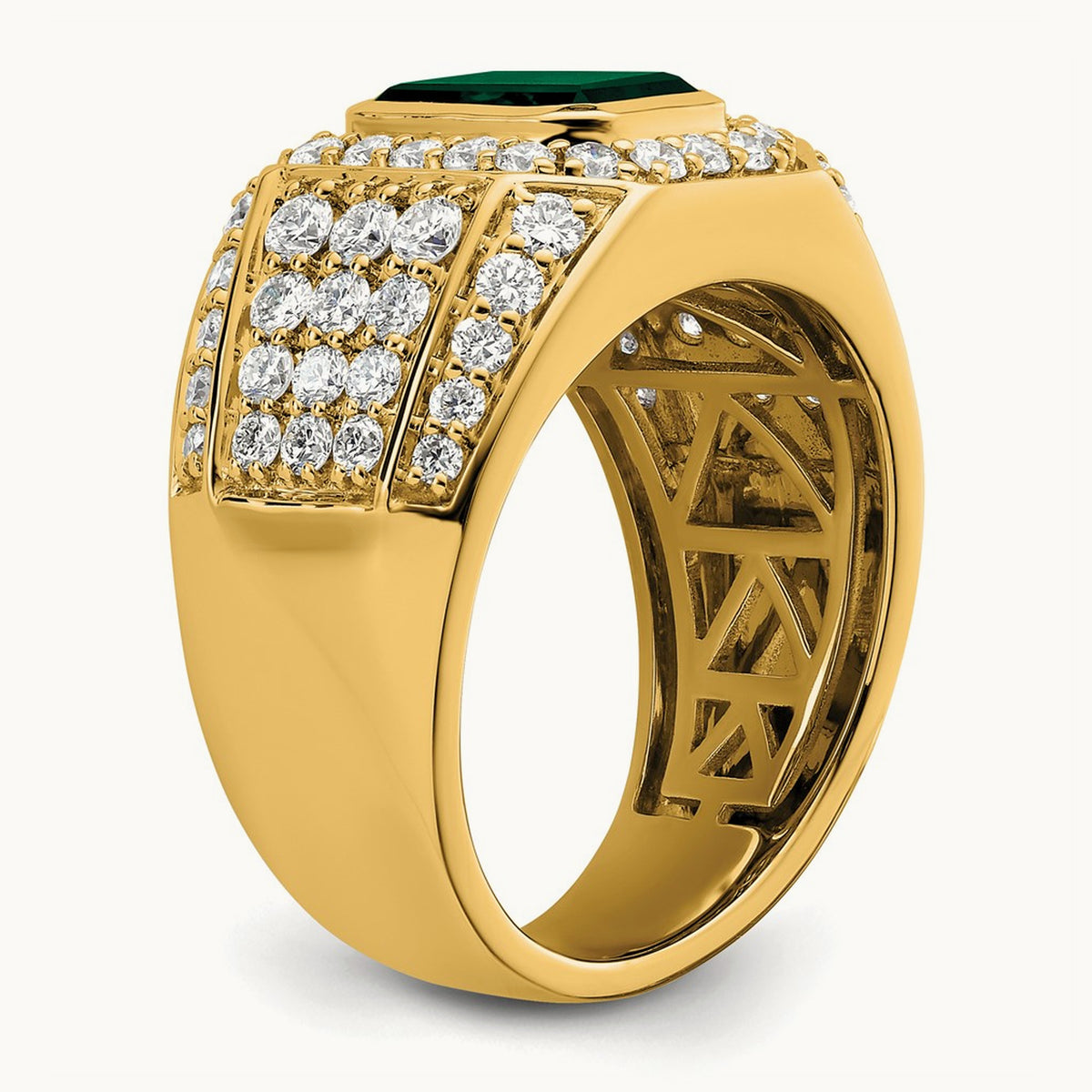 And Created Emerald Men's Ring, 2.00 ct tw Lab-Grown Diamond