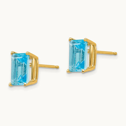 8x6mm Emerald Cut Blue Topaz Earrings, 14K