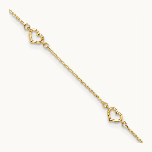 Polished Heart Link 9in Plus 1in ext. Anklet, 14K