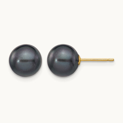 8- Black Round Freshwater Cultured Pearl Stud Post Earrings, 9mm, 14K