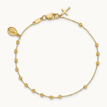 Polished and Diamond-cut Miraculous Medal and Cross Rosary Design Brace, 14K