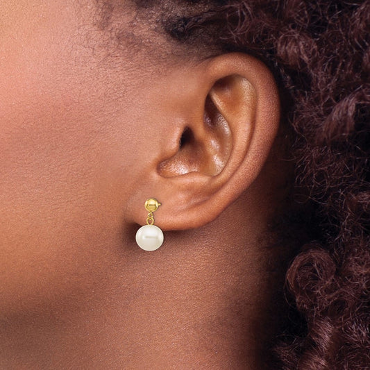 Round Freshwater Cultured Pearl Post Dangle Earrings — 14K Yellow Gold