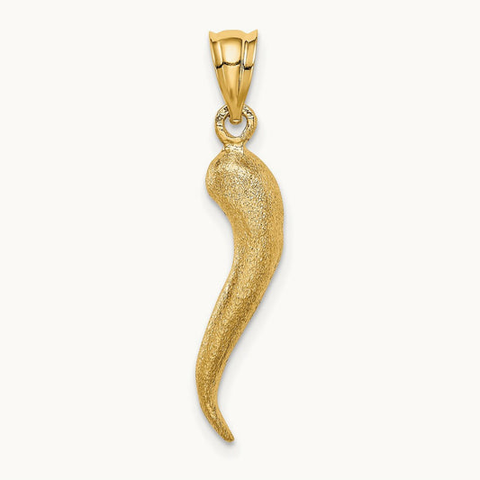 Brushed 3D Italian Horn Pendant — 14K Yellow Gold