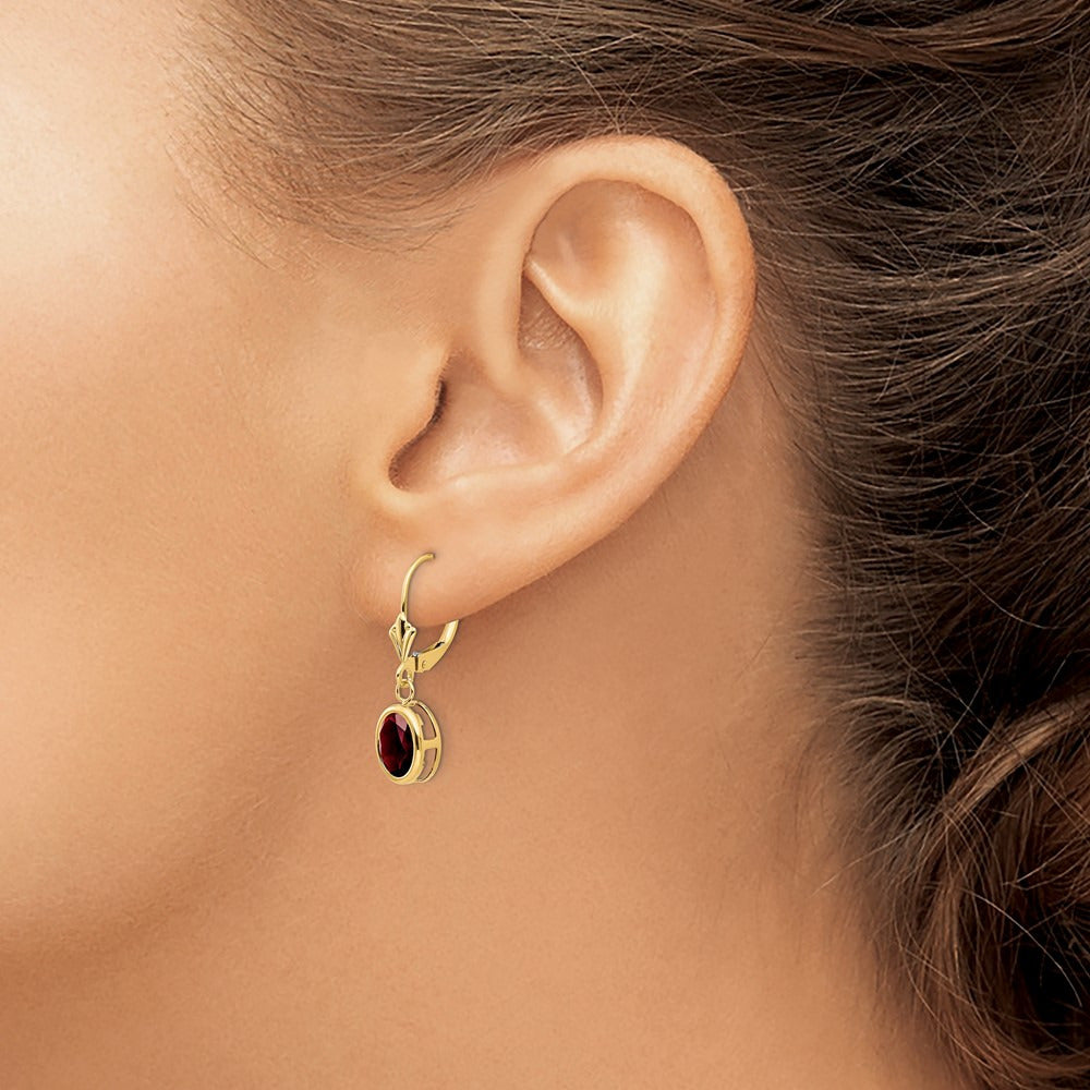 Oval Garnet Leverback Earrings — 14K Yellow Gold, 27mm, 8x6mm